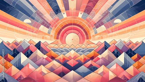 "Intricate Dawn" is a wide-format abstract wallpaper that elevates the concept of a geometric sunrise with its complex patterns and a rich palette of sunrise colors.
