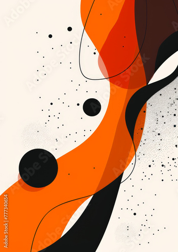 A colorful abstract painting with black and orange swirls