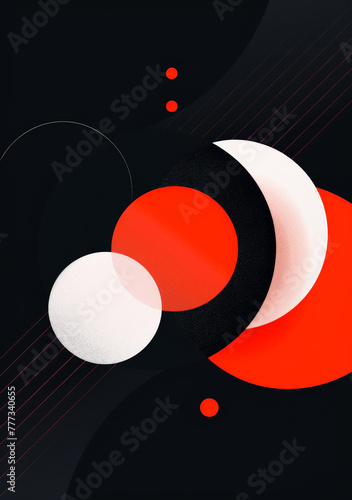 A black and red abstract painting of circles and dots