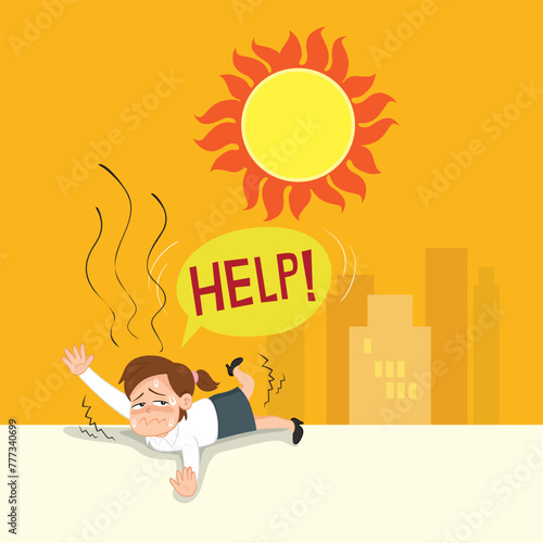  Hand drawn a employee woman who falls over in heat stroke on a hot day. Angry sun Stock, 
Unhealthy heat, Heat Wave concept. Flat, Poster, Vector, Illustration, Cartoon, EPS10. 