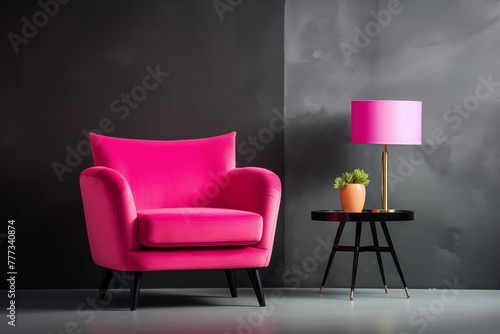 Pink armchair and side table with plant and lamp in front of dark wall background