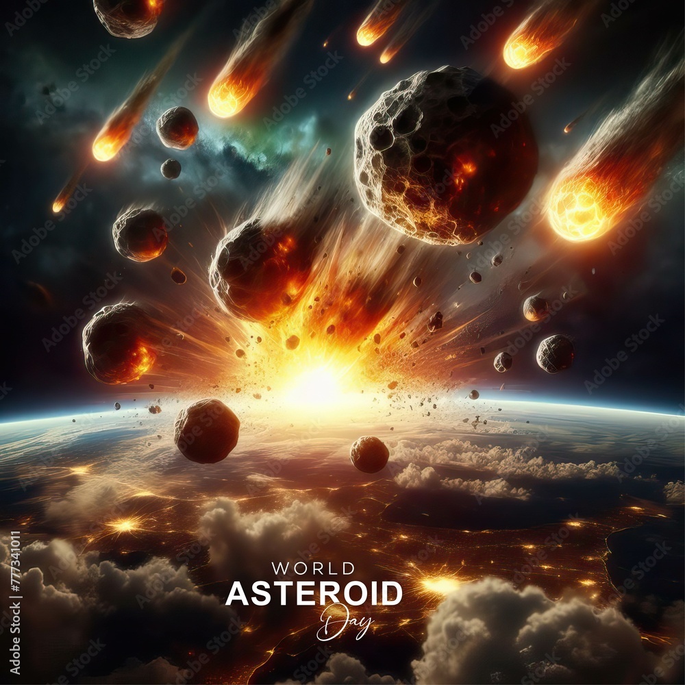World Asteroid Day, flat vector illustration. World Asteroid Day poster, International Asteroid Day. with black sky with stars. Asteroid Day, poster, post, vector, asteroid day, and greeting card.