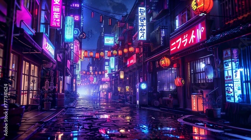 Empty wet city side street at night with lanterns