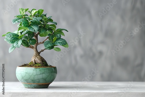 A small potted ginseng tree stands on the white table  with its trunk and leaves covered in soil.