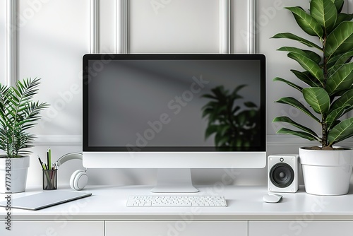 A computer monitor sits on a desk next to a potted plant. The monitor is turned off, and the desk is clean and organized. photo