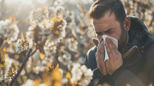 Man sneezing into paper tissue, blooming trees in the background. Person having seasonal allergic reaction to pollen, blooming trees, grass, hay, that causes sneezing, itchy nose and watery eyes.  photo