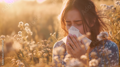 Woman sneezing into paper tissue, blooming trees in the background. Person having seasonal allergic reaction to pollen, blooming trees, grass, hay, that causes sneezing, itchy nose and watery eyes. photo