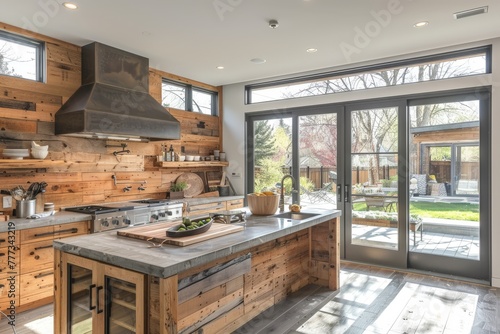 Bright, airy modern kitchen with sleek wooden accents and a beautiful view of the patio outside