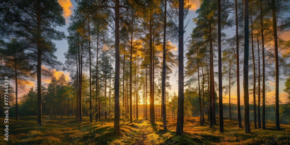 forest at sunset with tall trees and grass, the sun setting behind them casting long shadows on the ground