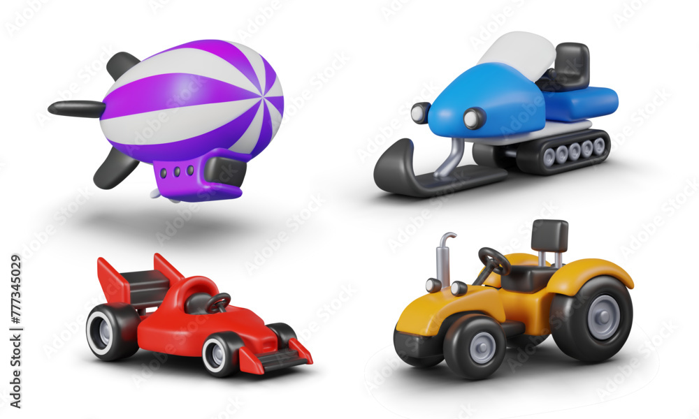 Collection of realistic vehicles for travel, entertainment, work Collection of realistic vehicles for travel, entertainment, work