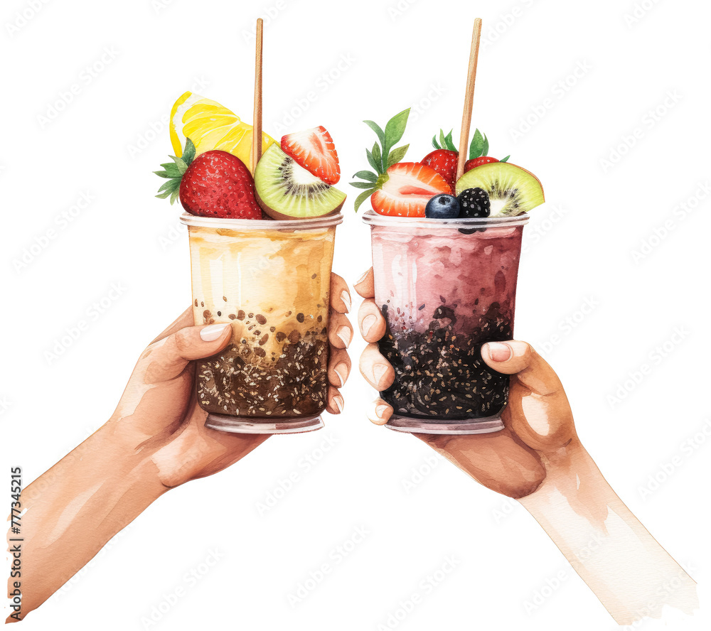 Hands holding boba fruit smoothies