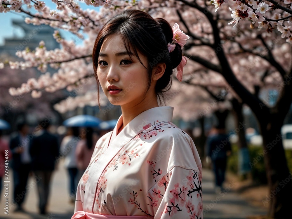 beautiful Japanese girl, next to a cherry blossom tree on a walk, in traditional clothes beautiful Japanese girl, next to a cherry blossom tree on a walk, in traditional clothes