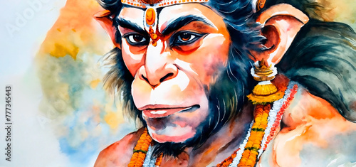 Portrait of Hanuman the Hindu God. In watercolor painting style.