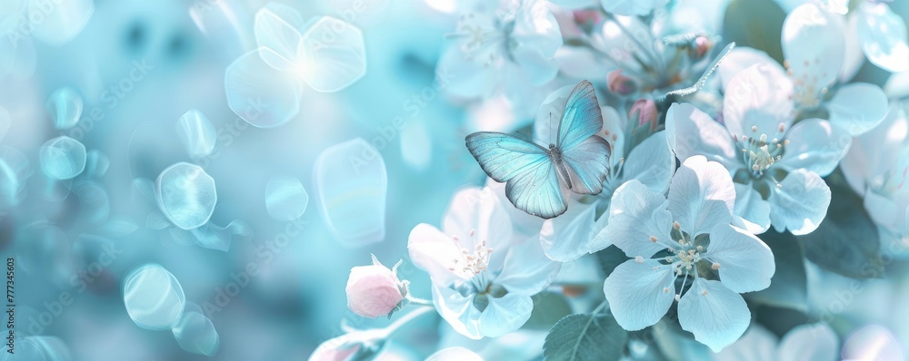 Beautiful spring background with butterfly and apple blossoms in blue pastel colors, blurred nature scene, copy space concept