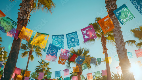 Colorful Mexican paper cuttings banners and flags hanging on palm trees, outdoor party decorations, with a clear sky in the background. Cinco de mayo. The day of the dead. Dia de los Muertos