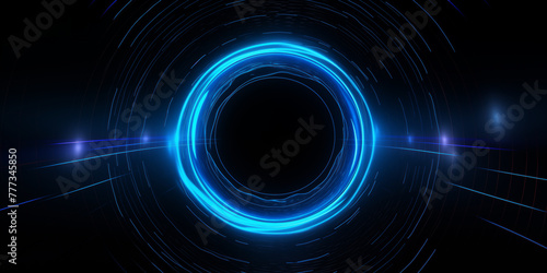 blue and black waves swirling in a dark background precisionist lines and shapes, Abstract glowing circle lines digital background  photo