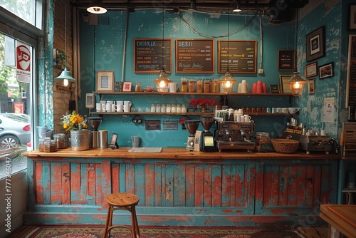 An inviting interior of a vintage coffee shop with a rustic wooden counter, chalkboard menu, and various coffee-making items photo