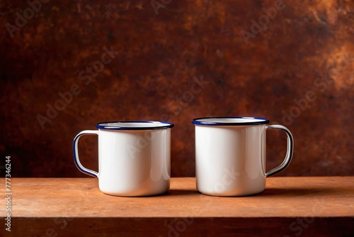 Product packaging mockup photo of Enamel mug, studio advertising photoshoot