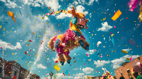Colorful pinata in the shape of a donkey flying among confetti and streamers at a traditional Mexican fiesta. Cinco de mayo. The day of the dead. Dia de los Muertos