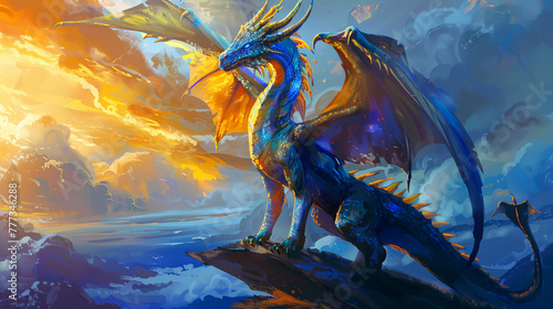 A blue dragon is perched on a rock overlooking a body of water