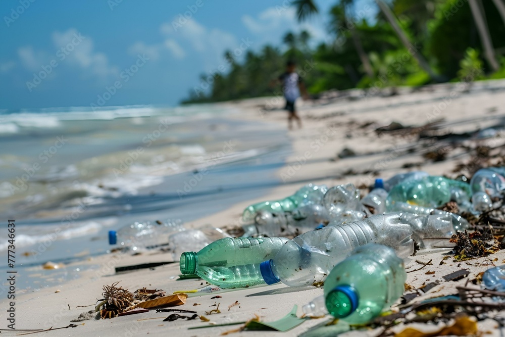 Zanieczyszczenie środowiska - butelki plastikowe na plaży - obrazy, fototapety, plakaty 