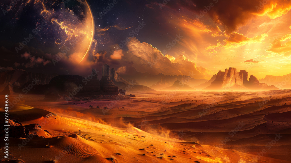 A desert landscape with a large planet in the background