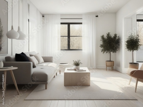 A virtual reality room with a minimalist Scandinavian-inspired interior design, featuring clean lines, neutral tones, and cozy furnishings.