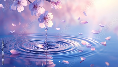 A water drop falling into the pond  surrounded by blooming cherry blossoms  creating ripples on its surface. 