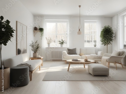 A virtual reality room with a minimalist Scandinavian-inspired interior design, featuring clean lines, neutral tones, and cozy furnishings.