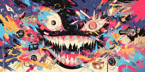 Modern street art mural of an evil cartoon character with big eyes, wide grin and crazy teeth, surrounded by various symbols of technology and chaos. 