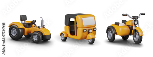 Set of realistic colored vehicles. Farm tractor, autorickshaw, tricycle with sidecar