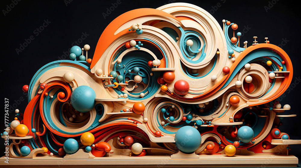 Abstract Three-Dimensional Sculpture with Colorful Spheres and Dynamic Layers - Modern Art Concept