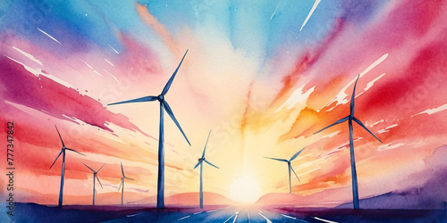 Watercolor painting of wind turbines, windmills during sunset