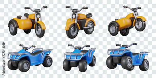 Realistic yellow tricycle with sidecar, blue quad bike. Set of isolated vector vehicles