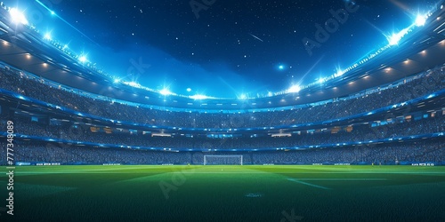 Photo of a soccer stadium at night with lights shining on the grass and stands filled with fans