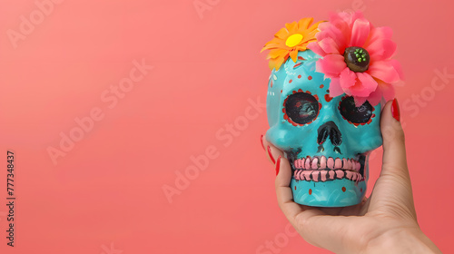 Hand holding a colorful painted sugar skull with a flower on its eye, isolated on a solid color background, copy space area. Cinco de mayo. The day of the dead. Dia de los Muertos. Halloween