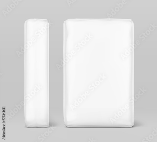 WebVertical bag package mockups. Front and side views. Vector illustration isolated on grey background. Easy to use for presentation your product, idea, promo, design. EPS10.