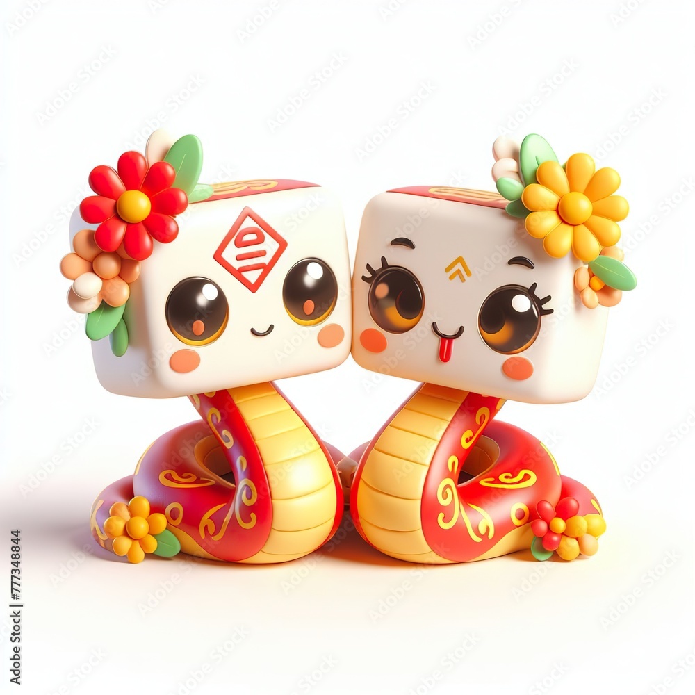 Fototapeta premium Cute character 3D image concept art of a cute couple chinese snake. Lunar new year Red and yellow color scheme,flowers, white background