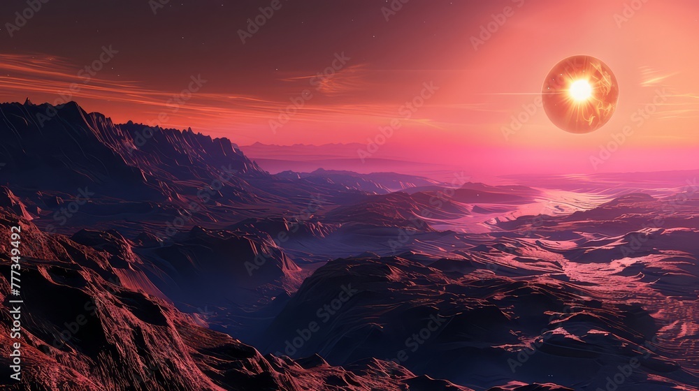 A breathtaking panorama of a distant exoplanet, with its colorful atmosphere and rugged terrain bathed in the light of its parent star.