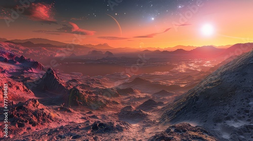A breathtaking panorama of a distant exoplanet, with its colorful atmosphere and rugged terrain bathed in the light of its parent star. © Haseeb