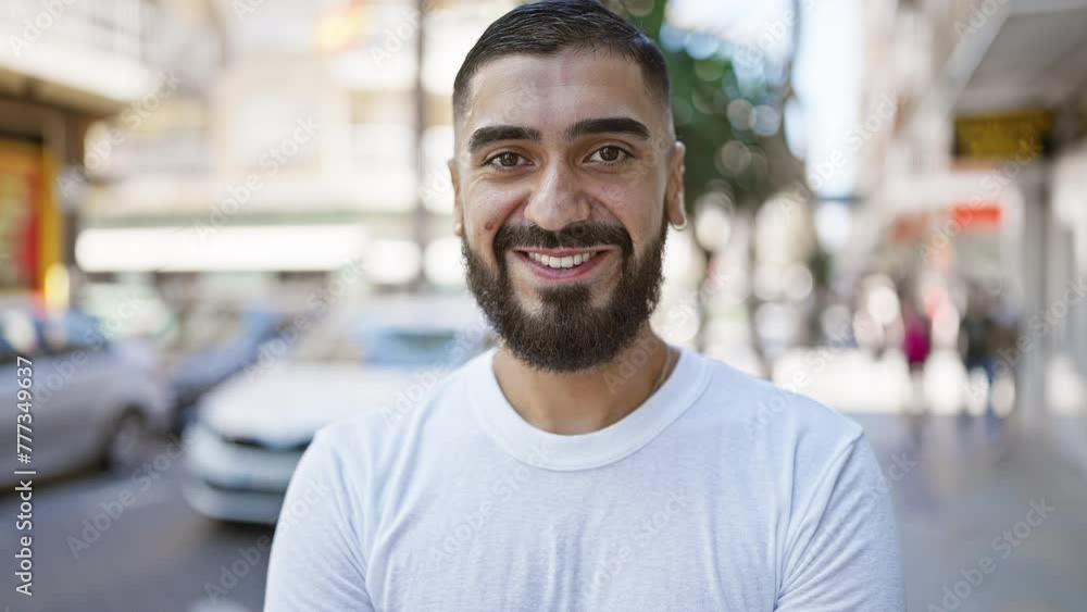 Portrait of a smiling bearded young man on a sunny city street Portrait of a smiling bearded young man on a sunny city street