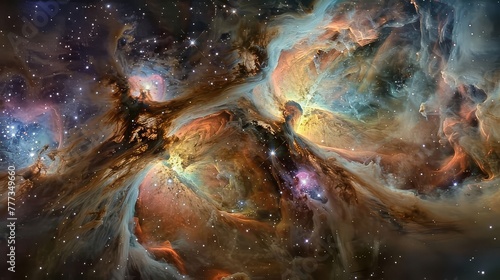 A breathtaking panorama of the Orion Nebula, with its glowing clouds of gas and dust by the light of young stars.