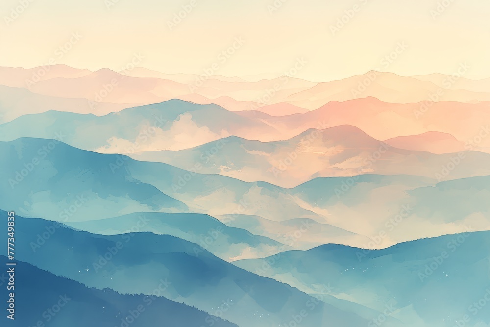 A serene mountain range at sunrise, rendered in the style of an abstract watercolor with pastel colors and soft gradients. 