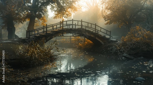 A broken bridge spanning a gentle stream, symbolizing the shattered connections and barriers within the realm of consciousness.