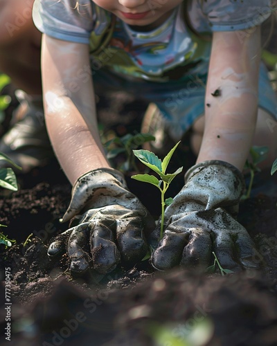 Close up of child hands planting tree in soil
