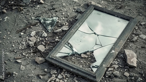 A broken mirror lying shattered on the ground, symbolizing fractured thoughts and shattered illusions.