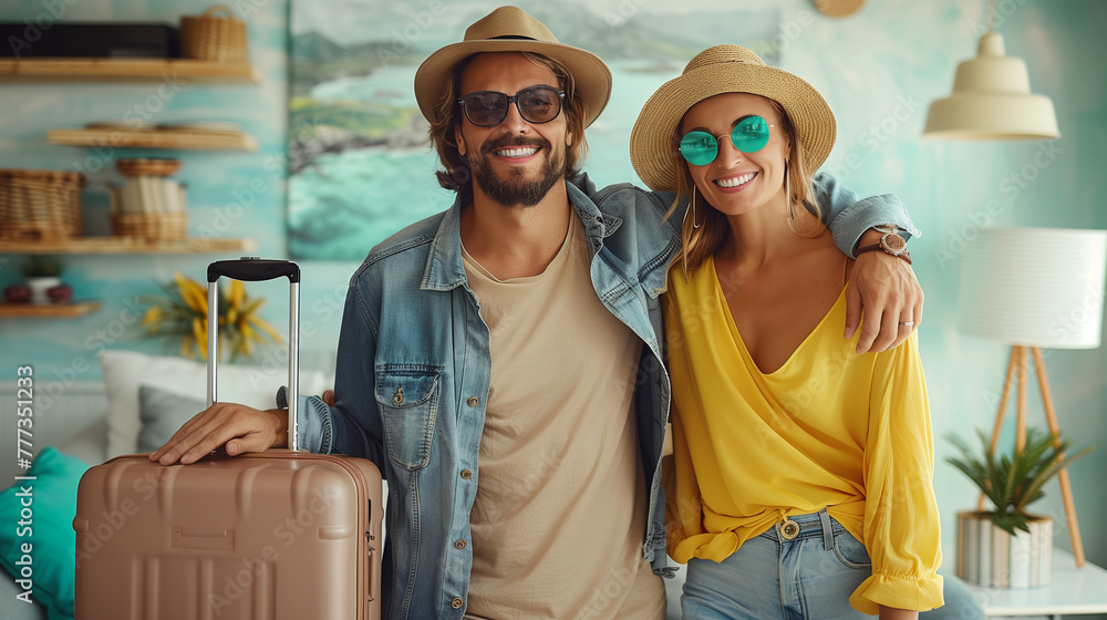 Happy couple ready to go on vacation with suitcases and luggage at home. Concept of romantic travel as a couple or honeymoon.