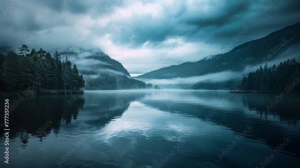 A calm lake reflecting the moody sky above, capturing the tranquility of introspection.