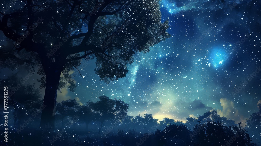 A canopy of stars shimmering overhead, casting a soft glow on a tranquil countryside landscape.