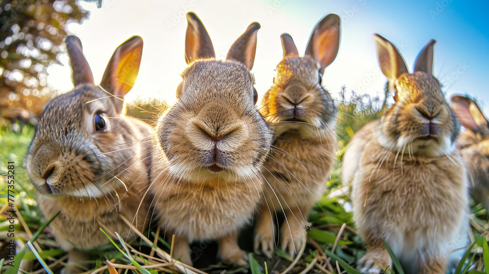 A cluster of rabbits sitting closely next to each other in a grassy area A cluster of rabbits sitting closely next to each other in a grassy area